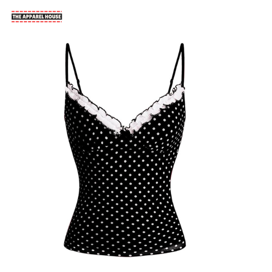 The Apperal House Women's Black Polka Dot Lace Trim Spaghetti Strap Camisole Top