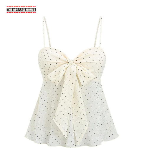 The Apperal House Women's Ivory Polka Dot Smocked Spaghetti Strap Babydoll Top with Front Bow