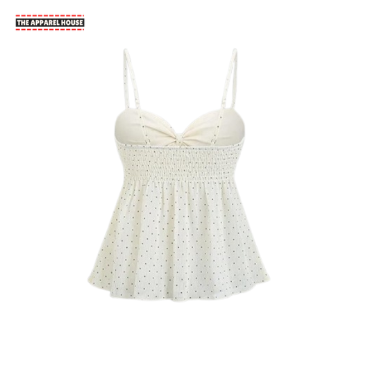 The Apperal House Women's Ivory Polka Dot Smocked Spaghetti Strap Babydoll Top with Front Bow