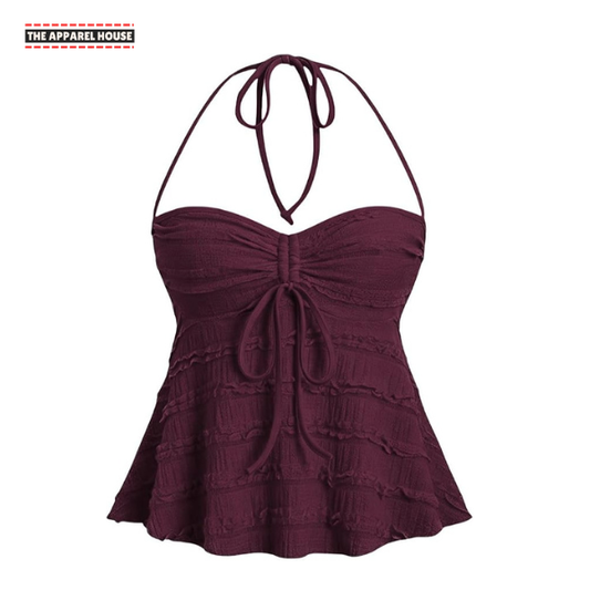 The Apperal House Women's Burgundy Halter Neck Tie Front Ruffle Peplum Top