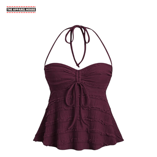 The Apperal House Women's Burgundy Halter Neck Tie Front Ruffle Peplum Top
